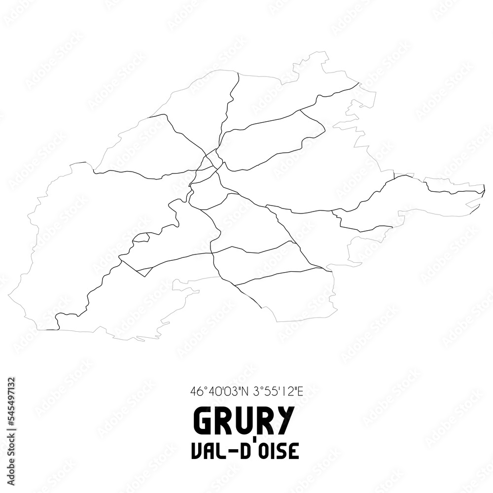 GRURY Val-d'Oise. Minimalistic street map with black and white lines.