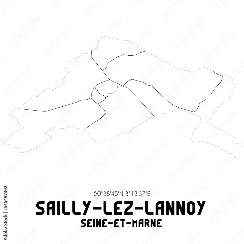SAILLY-LEZ-LANNOY Seine-et-Marne. Minimalistic street map with black and white lines.