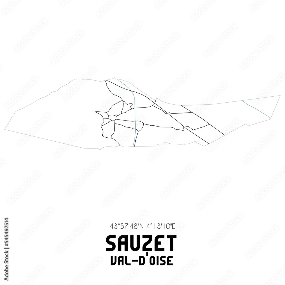 SAUZET Val-d'Oise. Minimalistic street map with black and white lines.