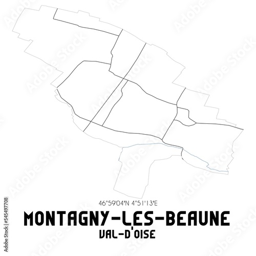 MONTAGNY-LES-BEAUNE Val-d'Oise. Minimalistic street map with black and white lines.
