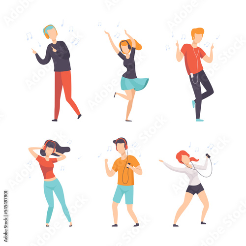 Happy Young People Characters Wearing Headphones and Earphones Listening to Music Vector Set