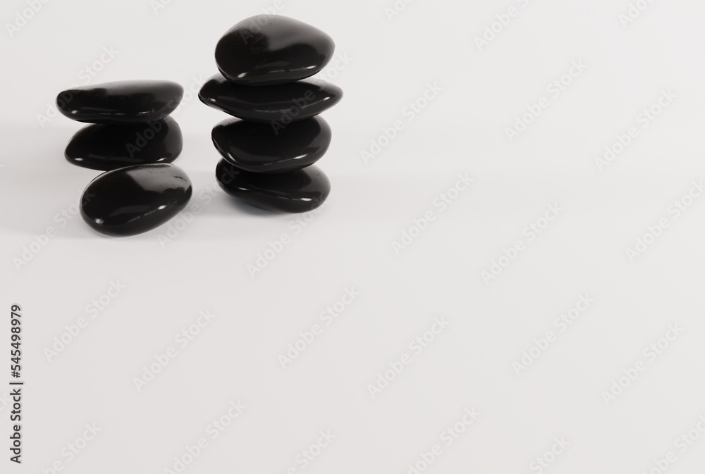 Black decorative stones on a light background. The concept of furnishing a room, apartment, house. Black pebbles. 3D render, 3D illustration. Black decorative stones on a light background. The concept of furnishing a room, apartment, house. Black pebbles. 3D render, 3D illustration.