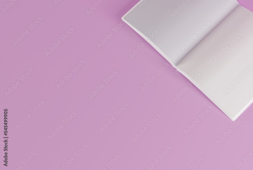 Open magazine with blank pages. The concept of content replenishment, reading books, magazines. 3D render, 3D illustration. Open magazine with blank pages. The concept of content replenishment, reading books, magazines. 3D render, 3D illustration.