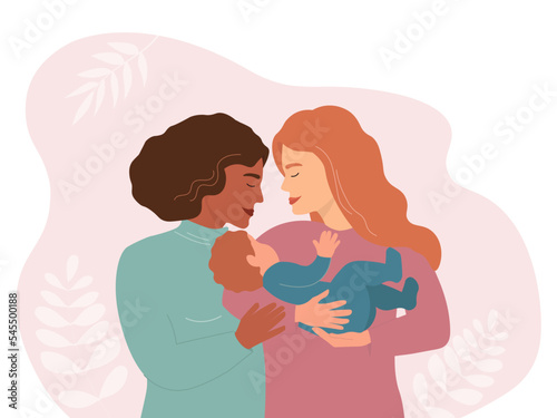 A couple of lesbian women are holding a baby in their arms. A happy family with a child. The girls hug. Vector graphics.