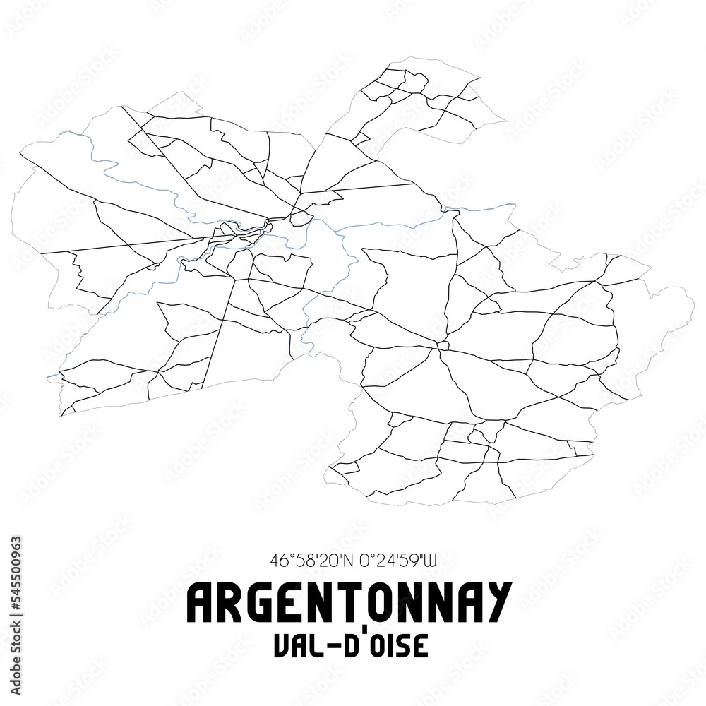 ARGENTONNAY Val-d'Oise. Minimalistic street map with black and white lines.