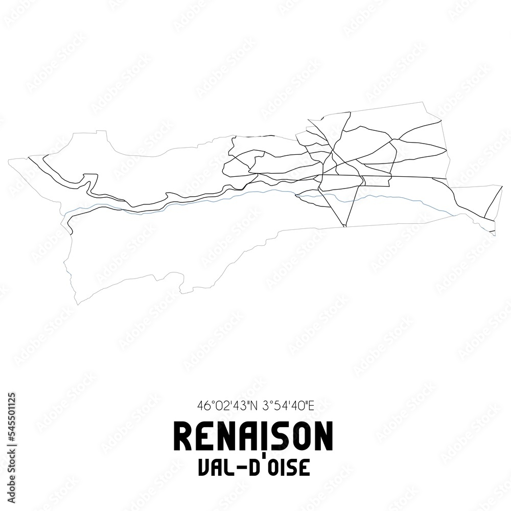 RENAISON Val-d'Oise. Minimalistic street map with black and white lines. RENAISON Val-d'Oise. Minimalistic street map with black and white lines.