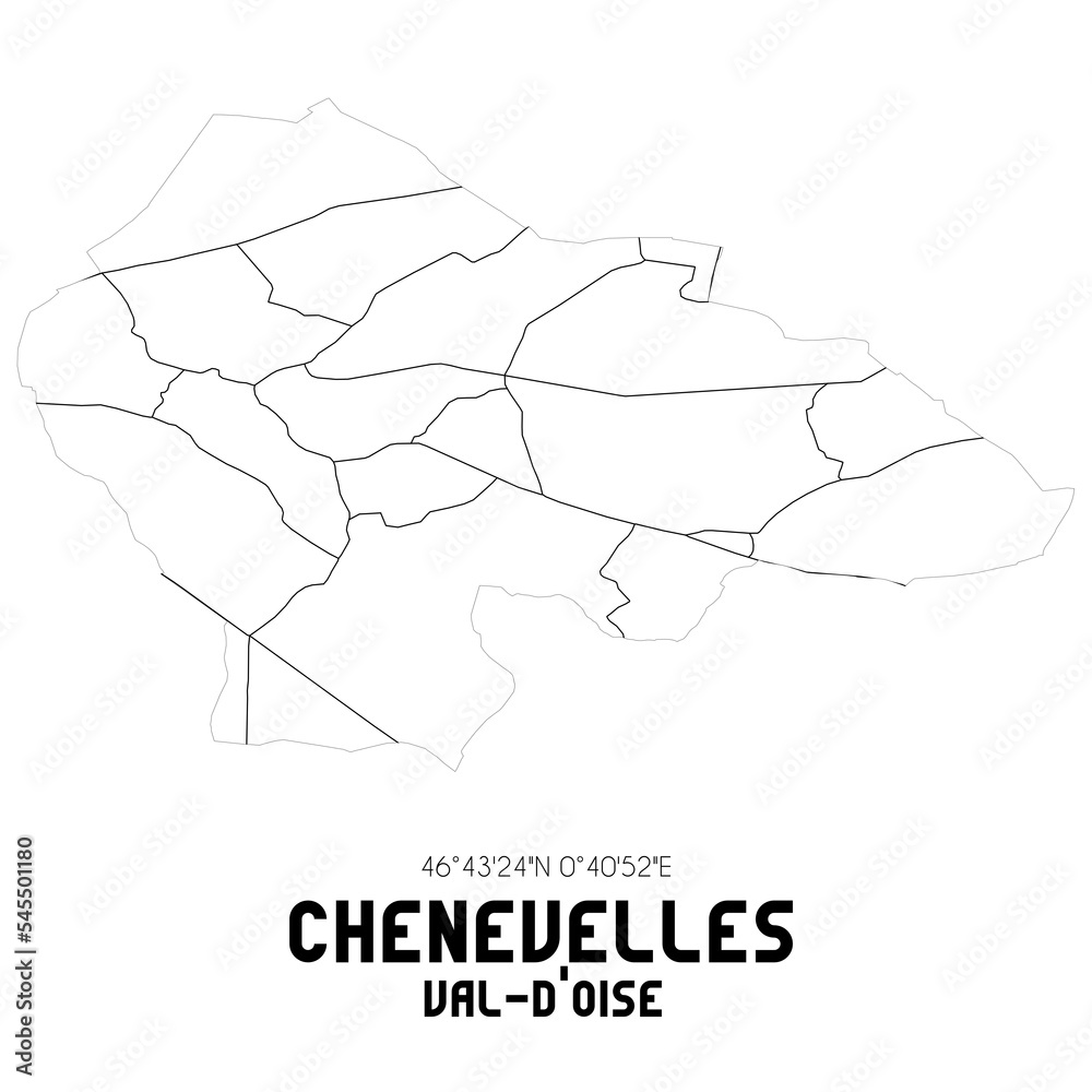CHENEVELLES Val-d'Oise. Minimalistic street map with black and white lines.
