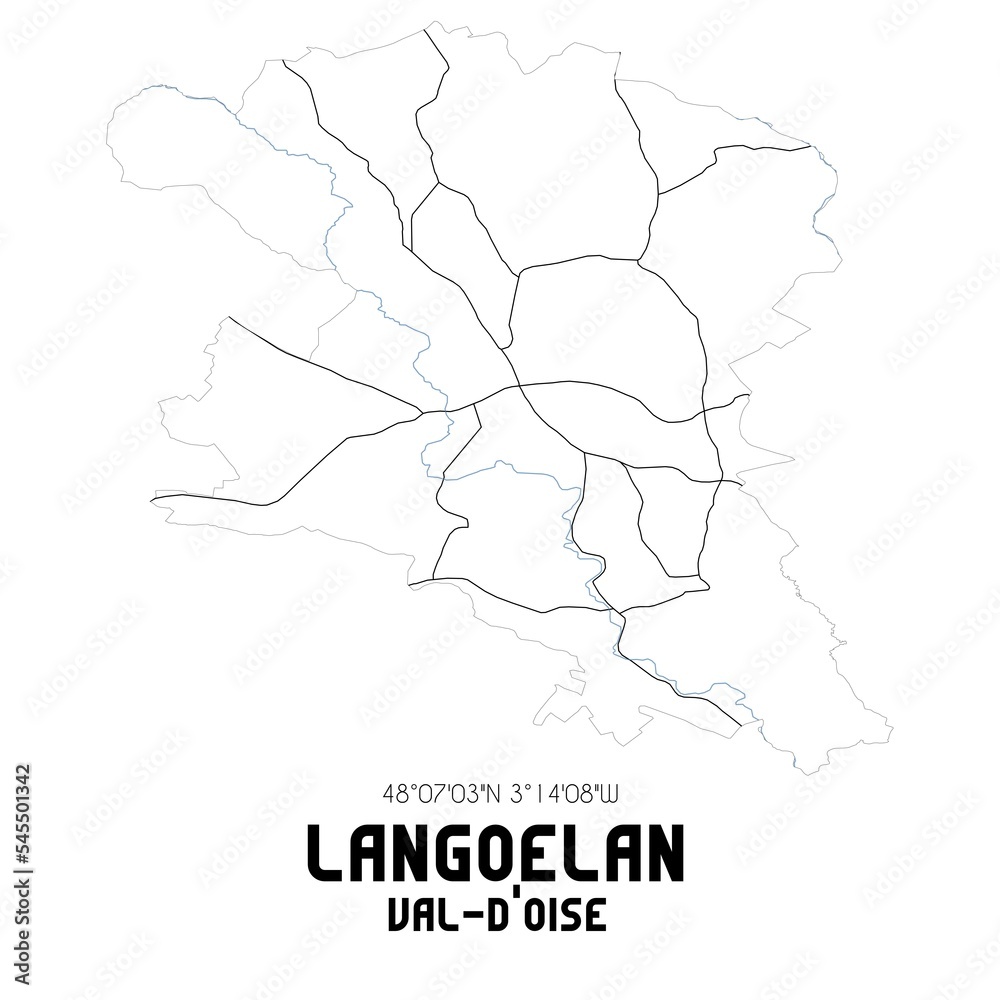 LANGOELAN Val-d'Oise. Minimalistic street map with black and white lines.