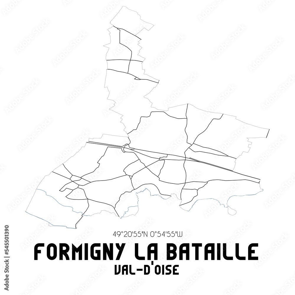 FORMIGNY LA BATAILLE Val-d'Oise. Minimalistic street map with black and white lines.