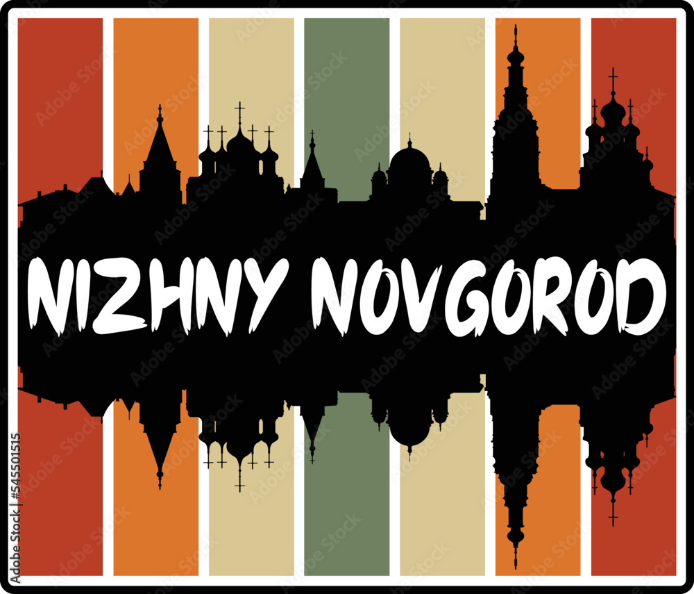 Nizhny Novgorod Russia Skyline Sunset Travel Souvenir Sticker Logo Badge Stamp Emblem Coat of Arms Vector Illustration EPS