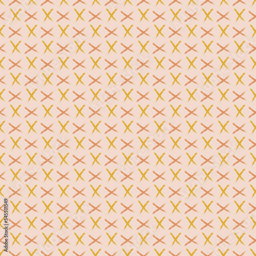 Seamless geometric pattern with brush painted symbols on pink background. Vector print for fabric background, textile