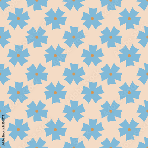 Seamless geometric pattern with blue flowers on pink background. Vector print for fabric background, textile