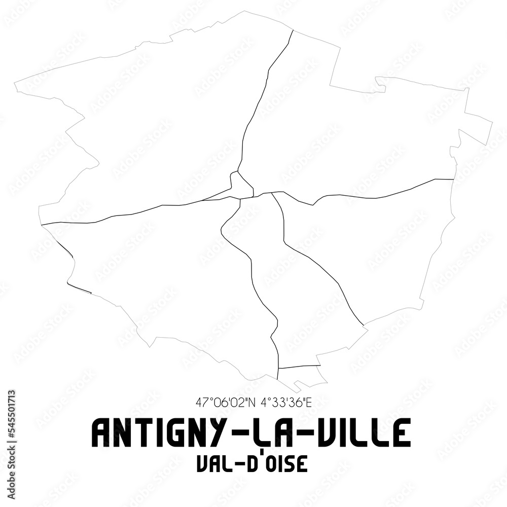 ANTIGNY-LA-VILLE Val-d'Oise. Minimalistic street map with black and white lines.