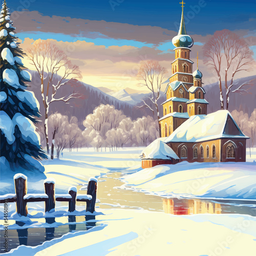 Vector illustration of Ukranian orthodox church in winter landscape