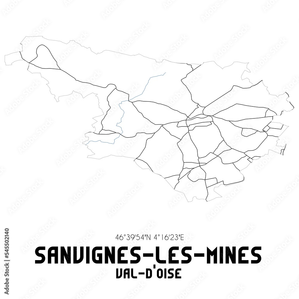 SANVIGNES-LES-MINES Val-d'Oise. Minimalistic street map with black and white lines. SANVIGNES-LES-MINES Val-d'Oise. Minimalistic street map with black and white lines.