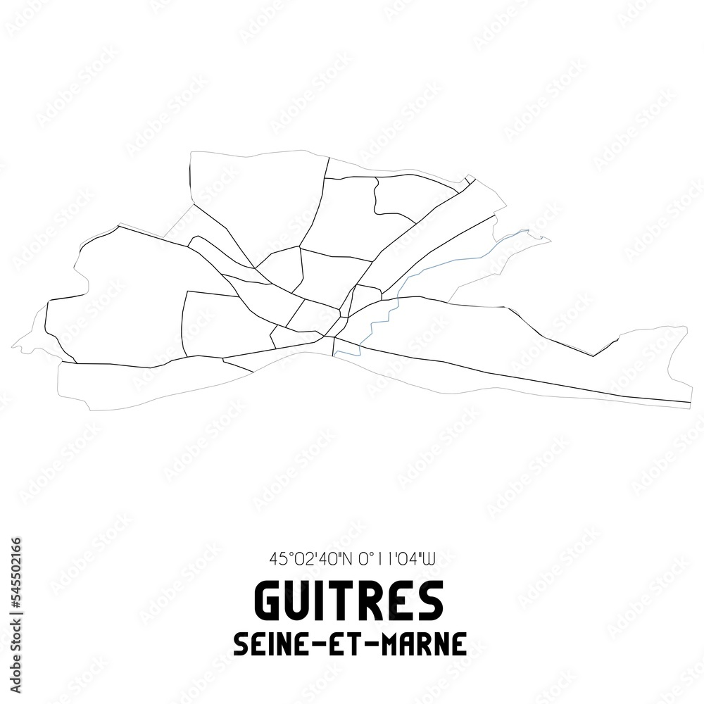 GUITRES Seine-et-Marne. Minimalistic street map with black and white lines. GUITRES Seine-et-Marne. Minimalistic street map with black and white lines.