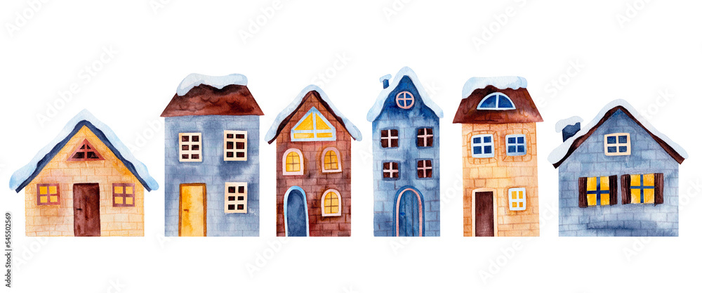 Set of winter scandinavian buildings. Watercolor holiday illustration, isolated design