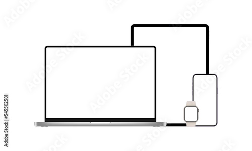 Electronic Devices With Blank Screens. Laptop, Tablet, Phone, Smart Watch, Isolated on White Background. Vector Illustration