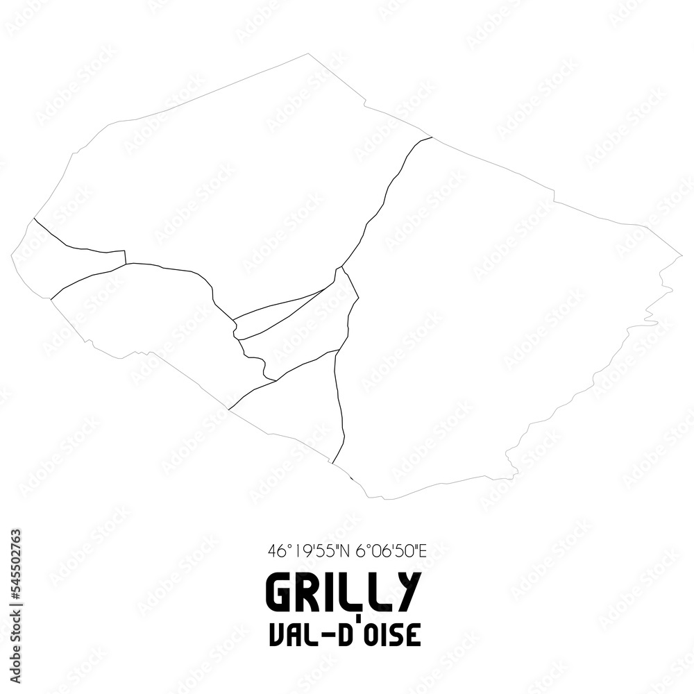 GRILLY Val-d'Oise. Minimalistic street map with black and white lines.