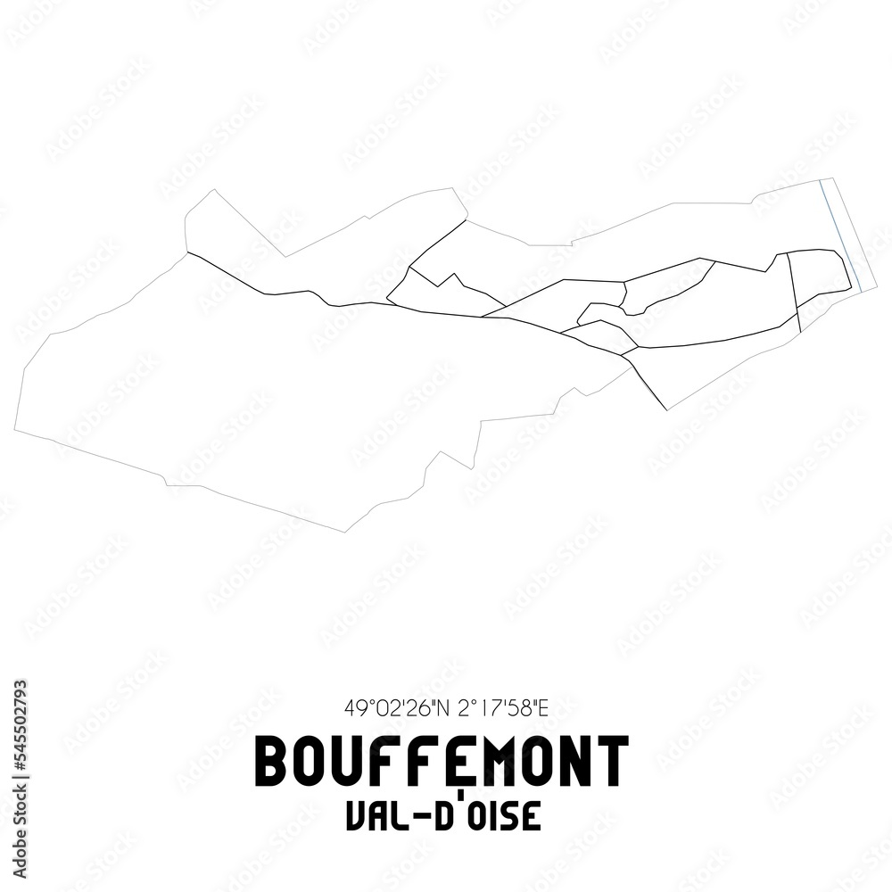BOUFFEMONT Val-d'Oise. Minimalistic street map with black and white lines. BOUFFEMONT Val-d'Oise. Minimalistic street map with black and white lines.