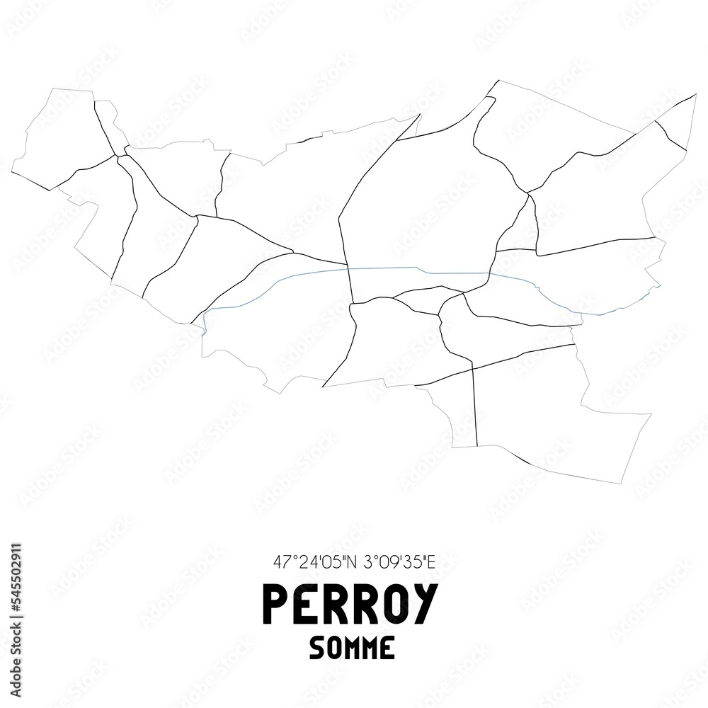 PERROY Somme. Minimalistic street map with black and white lines.