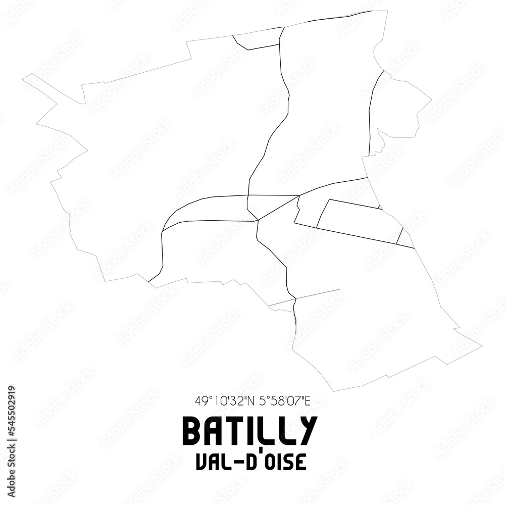 BATILLY Val-d'Oise. Minimalistic street map with black and white lines.