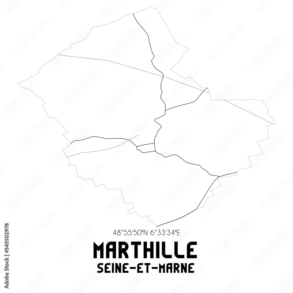 MARTHILLE Seine-et-Marne. Minimalistic street map with black and white lines.