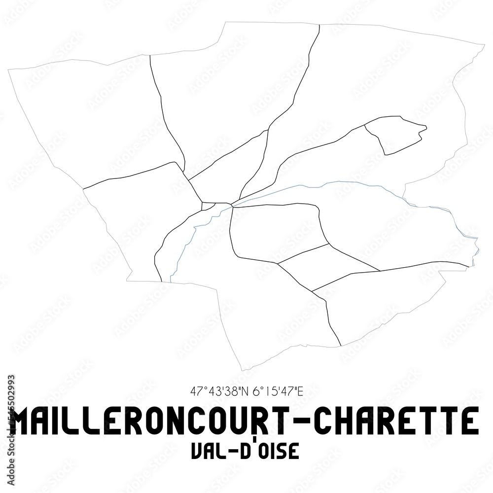 MAILLERONCOURT-CHARETTE Val-d'Oise. Minimalistic street map with black and white lines.
