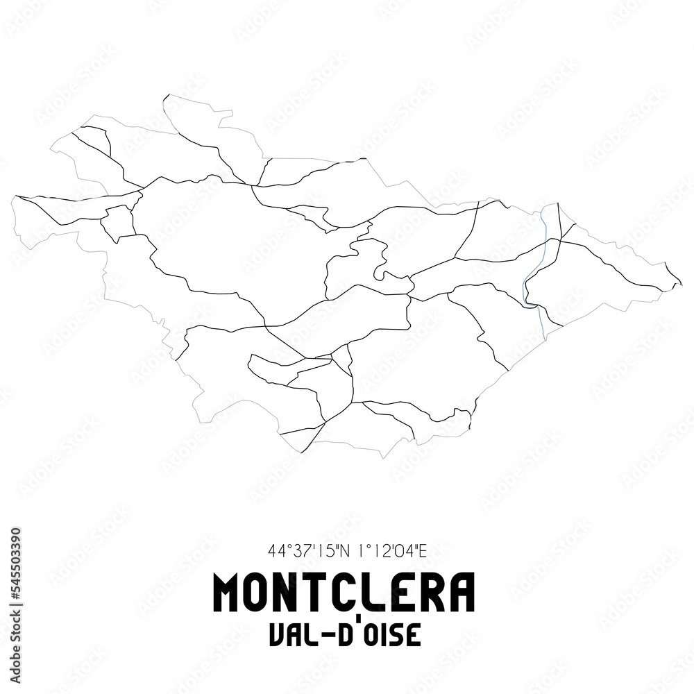 MONTCLERA Val-d'Oise. Minimalistic street map with black and white lines.