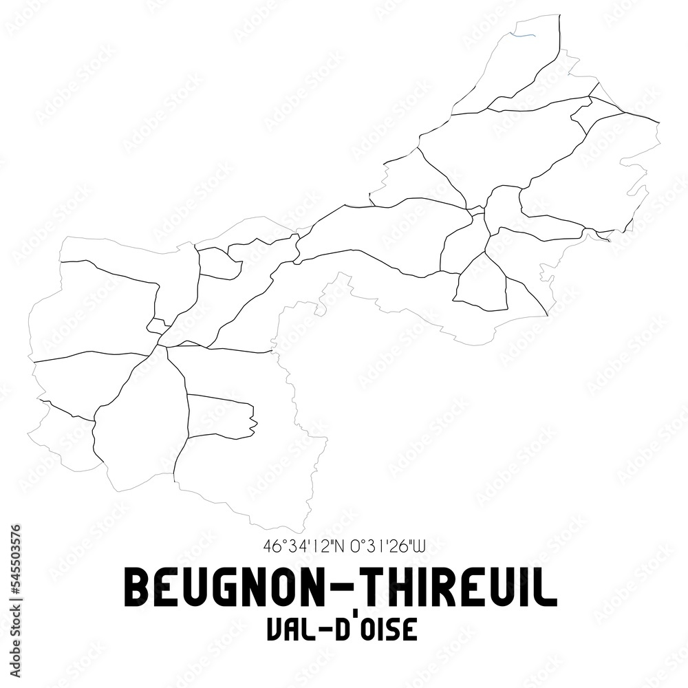 BEUGNON-THIREUIL Val-d'Oise. Minimalistic street map with black and white lines.
