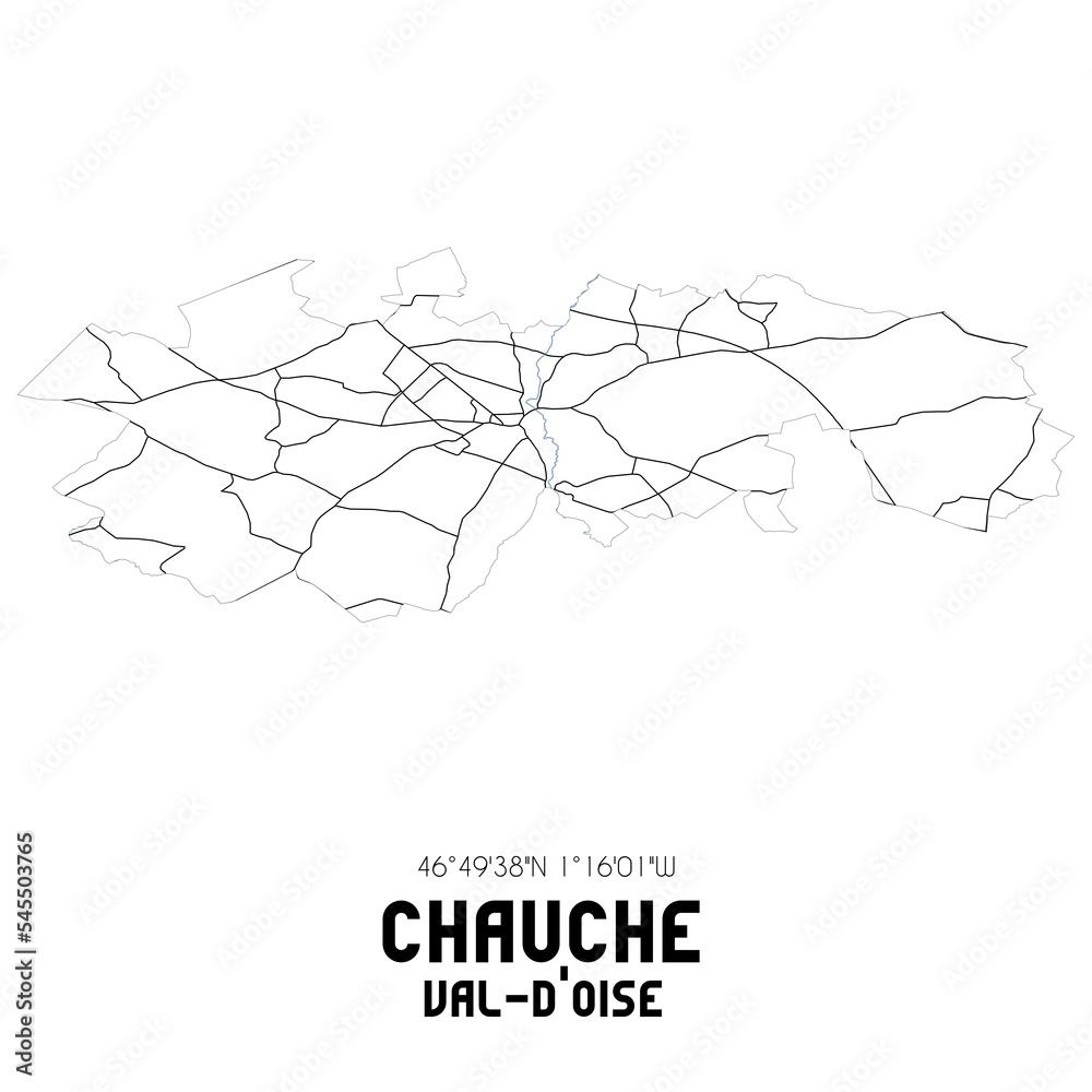 CHAUCHE Val-d'Oise. Minimalistic street map with black and white lines. CHAUCHE Val-d'Oise. Minimalistic street map with black and white lines.