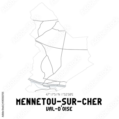 MENNETOU-SUR-CHER Val-d'Oise. Minimalistic street map with black and white lines.