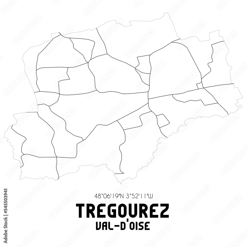 TREGOUREZ Val-d'Oise. Minimalistic street map with black and white lines.