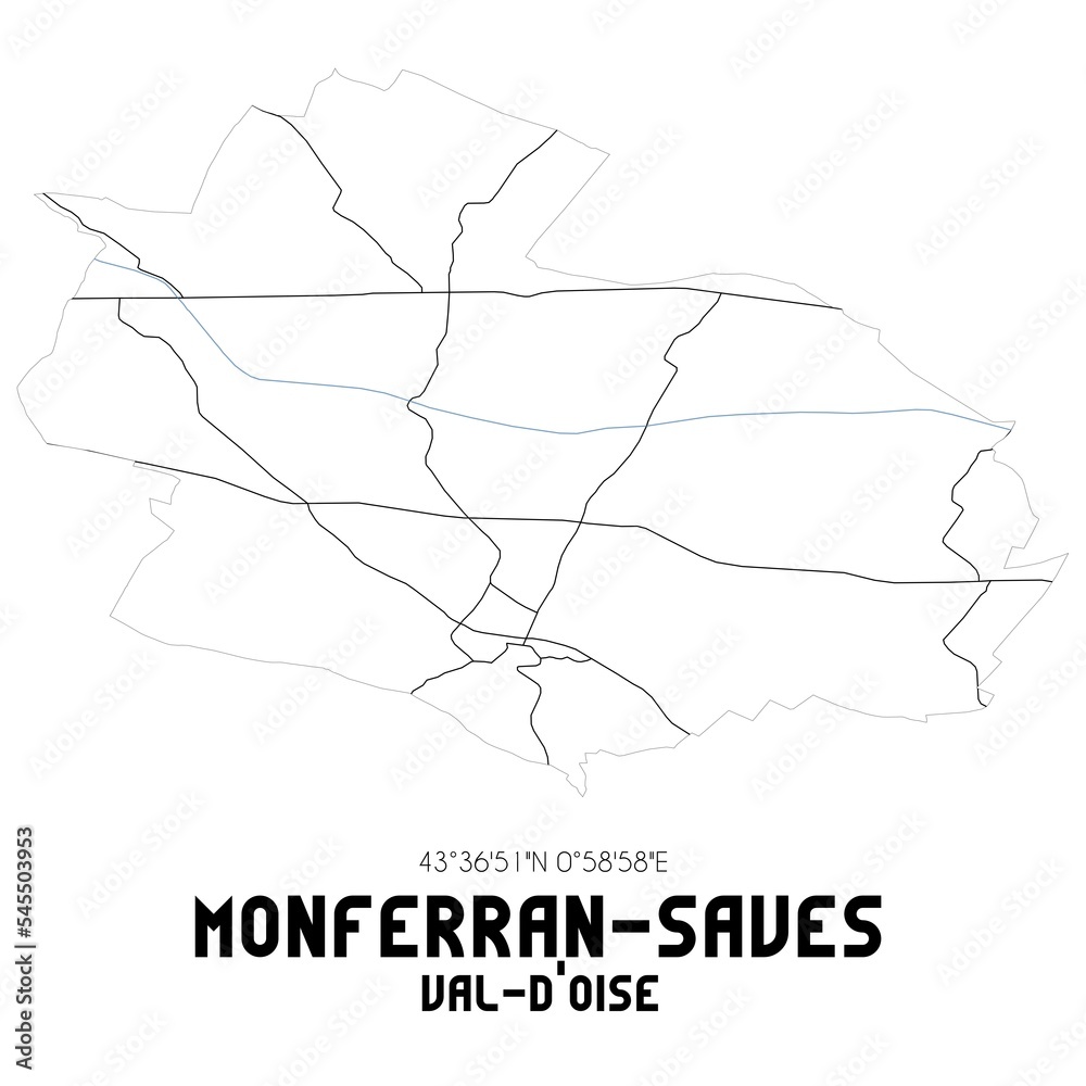 MONFERRAN-SAVES Val-d'Oise. Minimalistic street map with black and white lines. MONFERRAN-SAVES Val-d'Oise. Minimalistic street map with black and white lines.