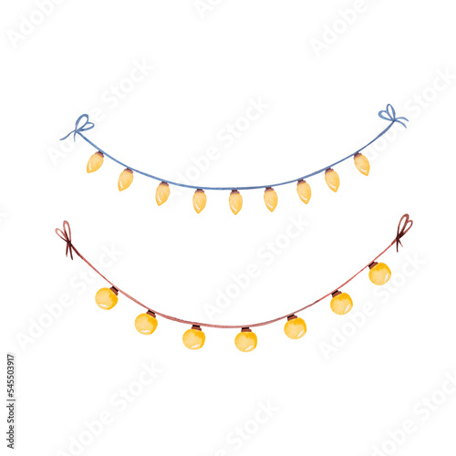 Set of lamp garland for holidays, party in cartoon style. Watercolor design, on the white background.