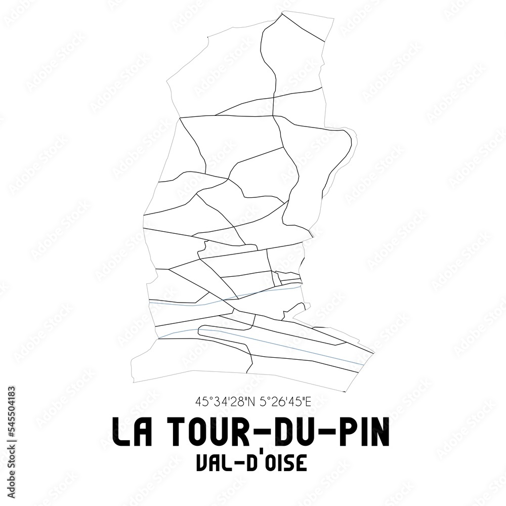 LA TOUR-DU-PIN Val-d'Oise. Minimalistic street map with black and white lines.