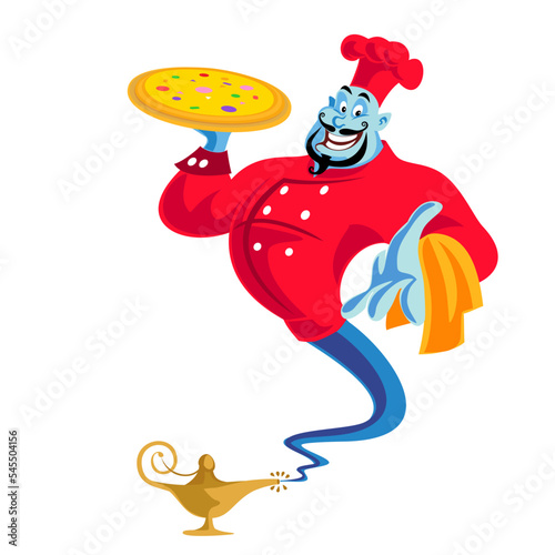 persian tale character chef genie with pizza from the aladdin's magic lamp.