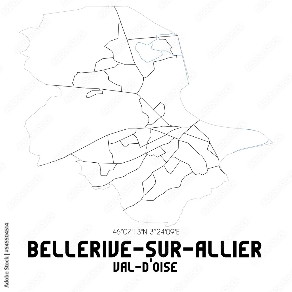 BELLERIVE-SUR-ALLIER Val-d'Oise. Minimalistic street map with black and white lines. BELLERIVE-SUR-ALLIER Val-d'Oise. Minimalistic street map with black and white lines.