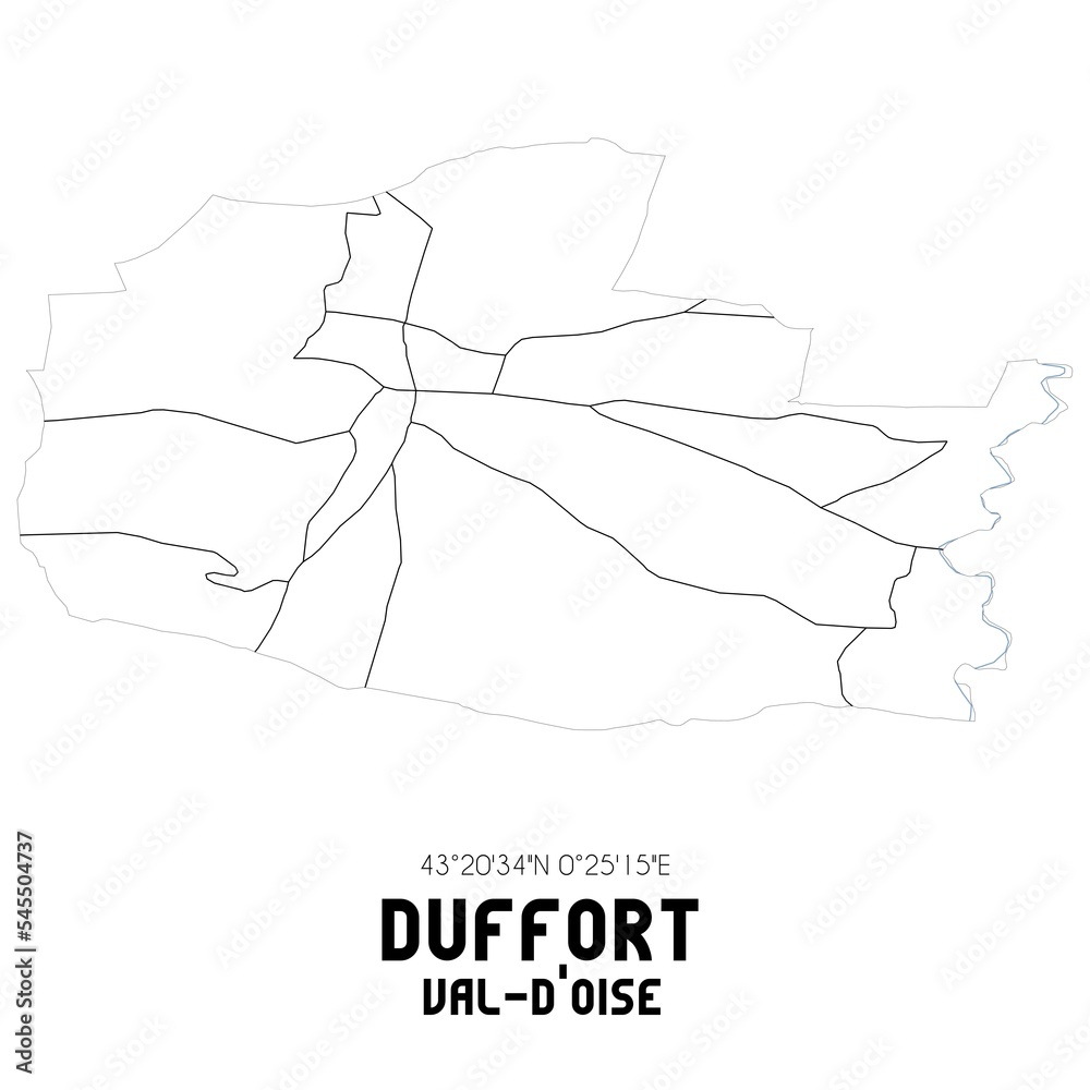 DUFFORT Val-d'Oise. Minimalistic street map with black and white lines. DUFFORT Val-d'Oise. Minimalistic street map with black and white lines.