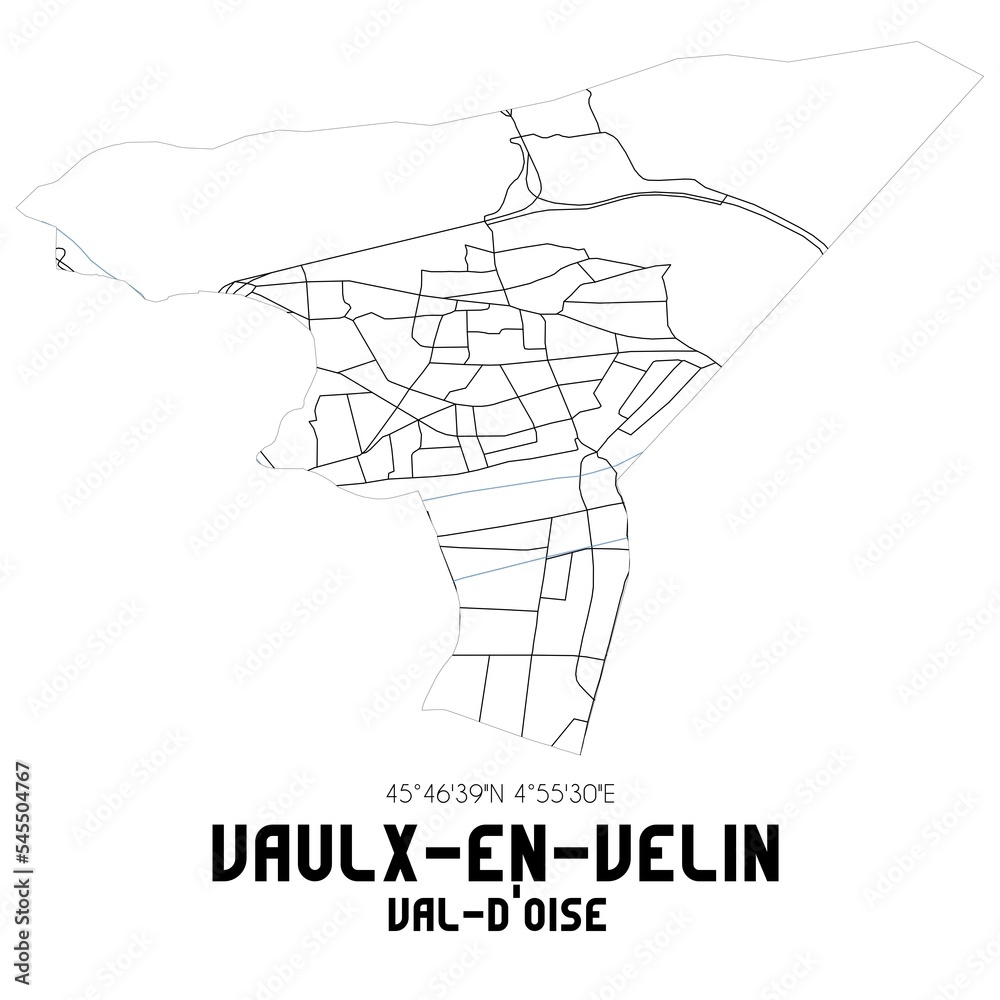 VAULX-EN-VELIN Val-d'Oise. Minimalistic street map with black and white lines.