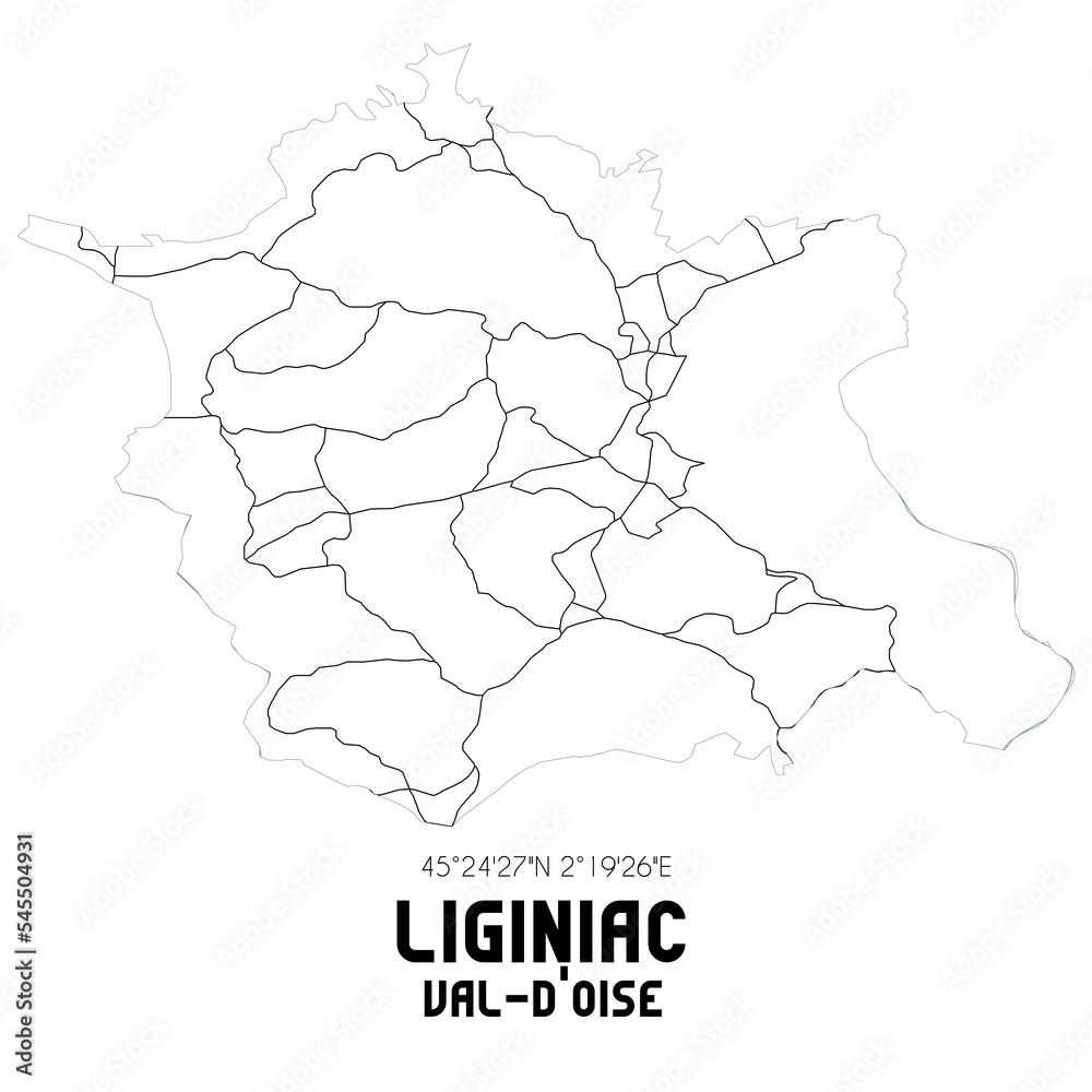 LIGINIAC Val-d'Oise. Minimalistic street map with black and white lines.