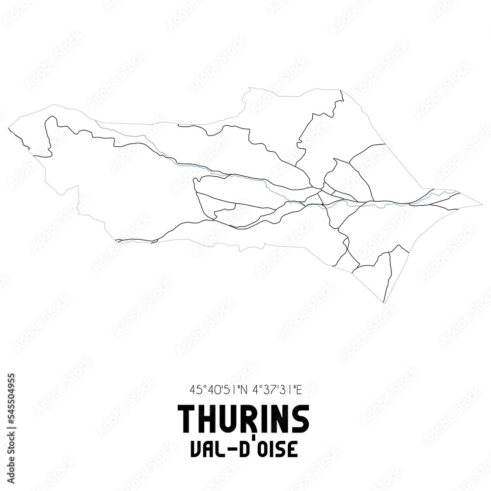 THURINS Val-d'Oise. Minimalistic street map with black and white lines. THURINS Val-d'Oise. Minimalistic street map with black and white lines.