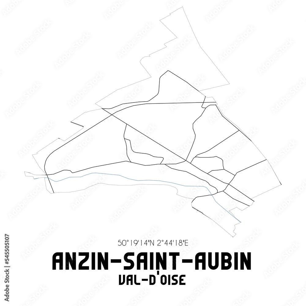 ANZIN-SAINT-AUBIN Val-d'Oise. Minimalistic street map with black and white lines.