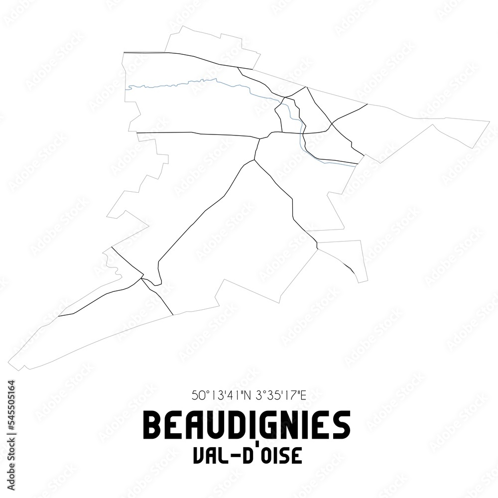BEAUDIGNIES Val-d'Oise. Minimalistic street map with black and white lines. BEAUDIGNIES Val-d'Oise. Minimalistic street map with black and white lines.