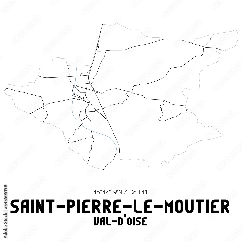 SAINT-PIERRE-LE-MOUTIER Val-d'Oise. Minimalistic street map with black and white lines.
