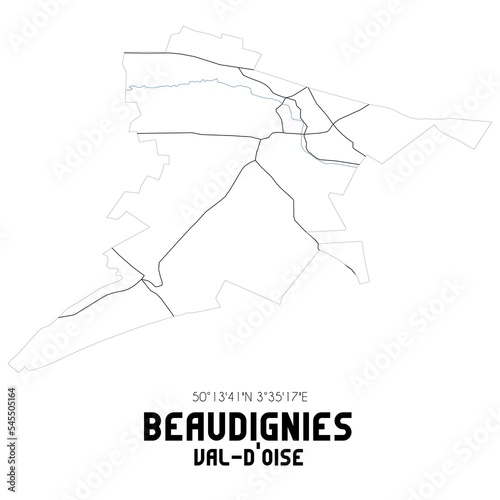 BEAUDIGNIES Val-d'Oise. Minimalistic street map with black and white lines.