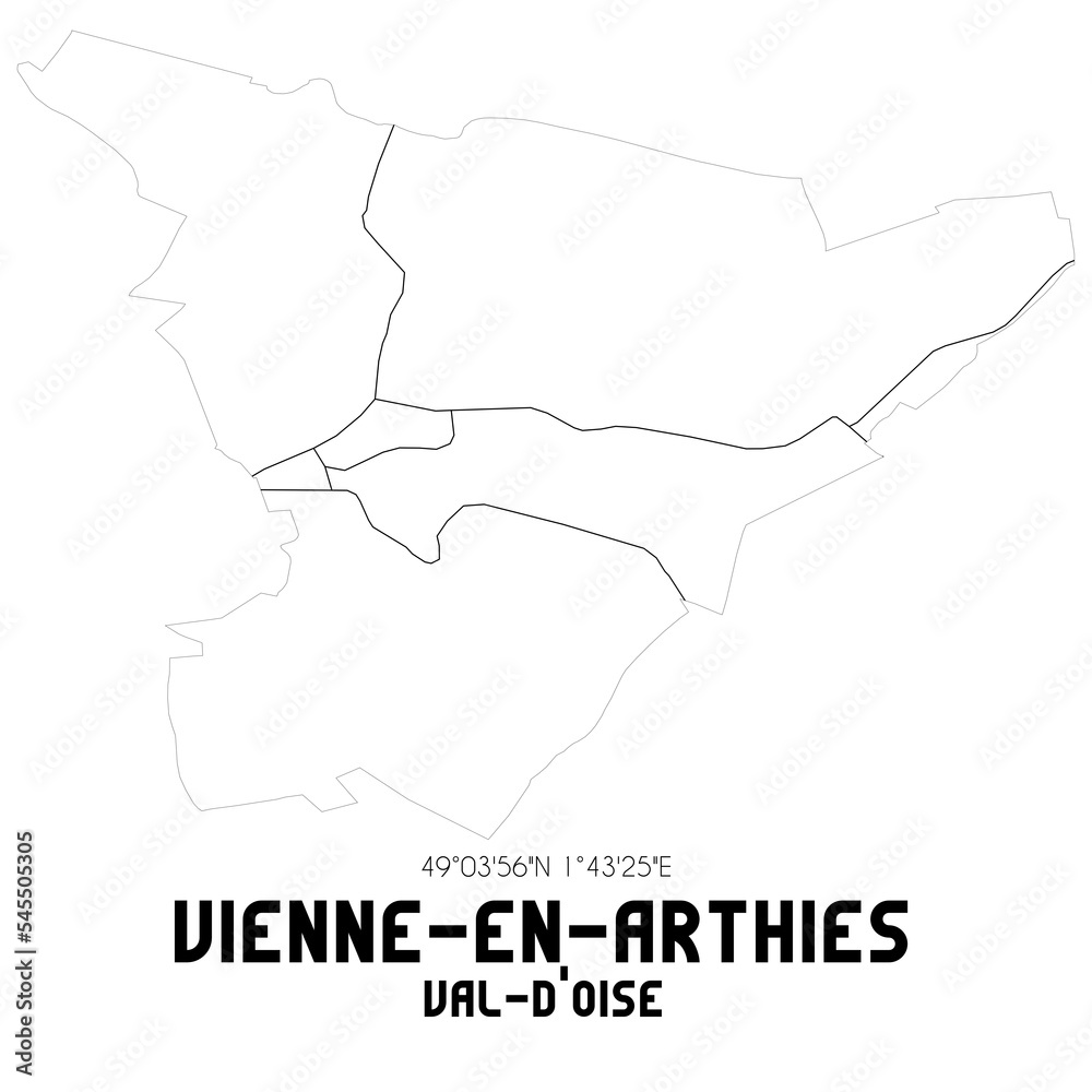 VIENNE-EN-ARTHIES Val-d'Oise. Minimalistic street map with black and white lines.