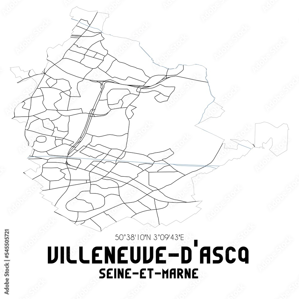 VILLENEUVE-D'ASCQ Seine-et-Marne. Minimalistic street map with black and white lines.