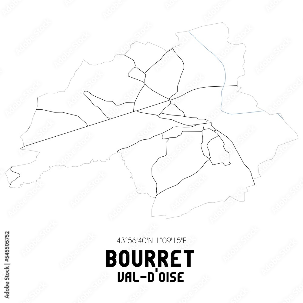 BOURRET Val-d'Oise. Minimalistic street map with black and white lines.