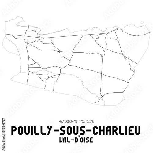POUILLY-SOUS-CHARLIEU Val-d'Oise. Minimalistic street map with black and white lines.